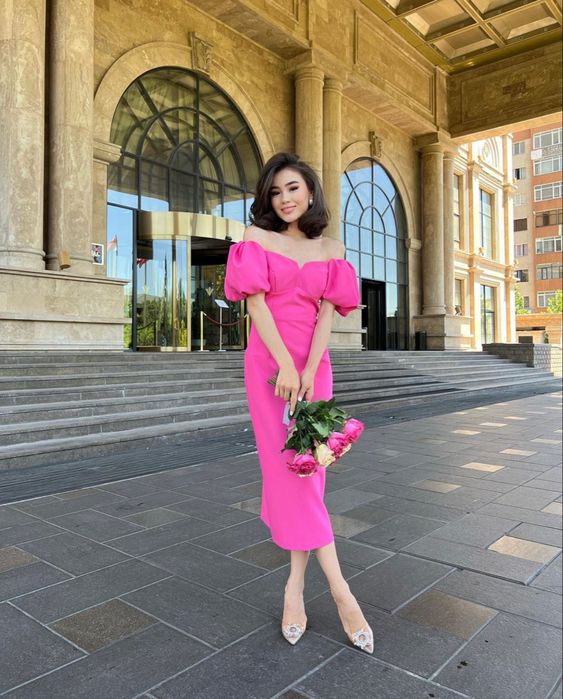 Vintage Hot Pink Midi-length Prom Dress,Wedding Guest Outfit fg4683
