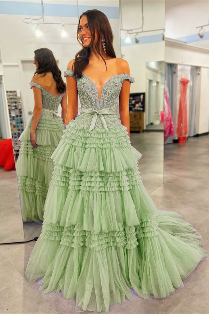 Sage Green Off the Shoulder Tulle Lace Prom Dress with Ruffles fg4407