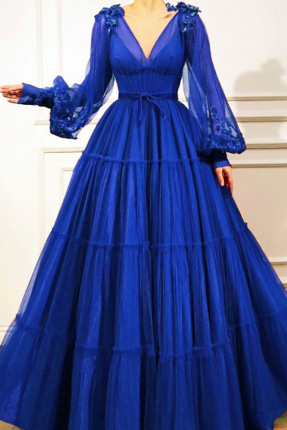 Elegant Royal Blue Prom Dresses Long Sleeves V-neck With 3D Flowers fg4454