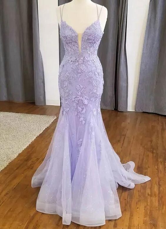 Straps Trumpet/mermaid V-neck Tulle Appliques Lace Prom Dresses fg4988