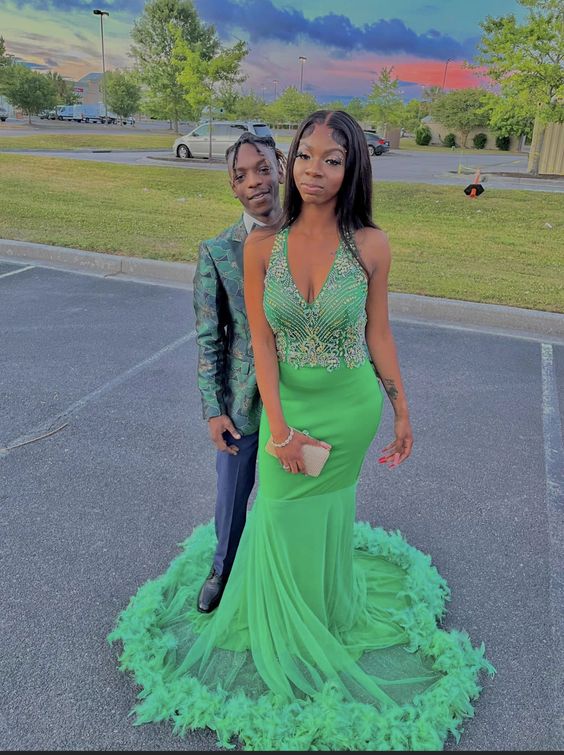 Green Beaded Mermaid Long Prom Dresses fg5260