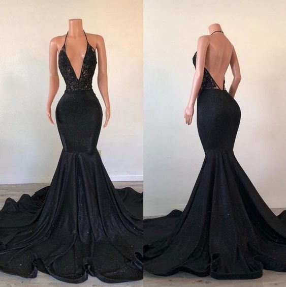 Black V Neck Trumpet/mermaid Halter Evening Dress Glitter Sweep Train Appliques Lace Prom Dresses fg5190