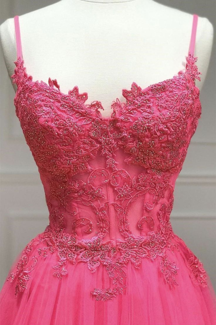 Hot Pink Floral Spaghetti Straps A-line Long Prom Dress fg4804