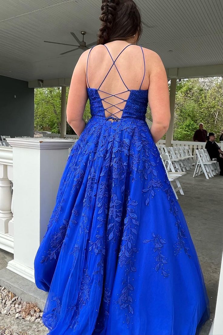 Royal Blue Lace Applique Prom Dresses A Line Long Evening Gown fg4902