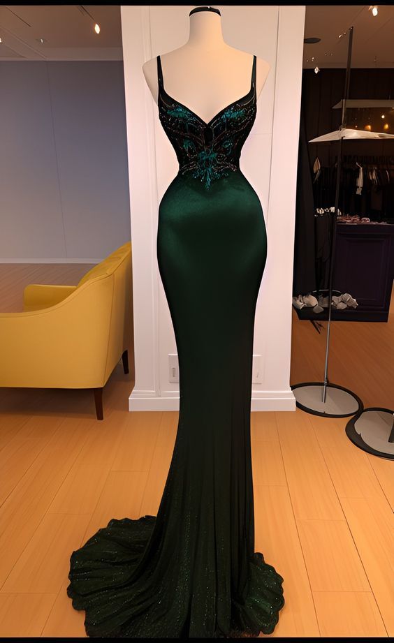 Mermaid Straps Dark Green Satin Long Prom Dresses fg5118