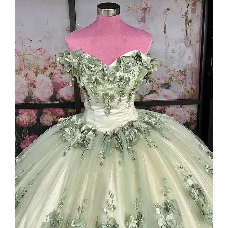 2024 New Sage Green Quinceanera Dress Plus Size 3D Flowers Pearls Prom Dresses fg4422