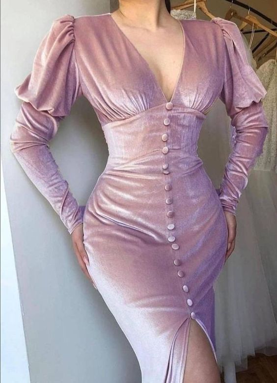 Pink V neck Velvet Front Slit Prom Dress Fashion Party Dress fg4627