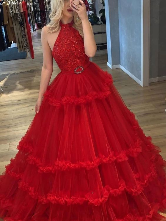 Unique tulle lace long prom dress, Burgundy tulle evening dress fg4419