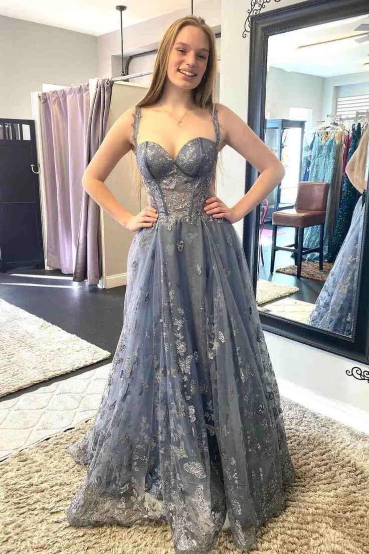 Off Shoulder Smoke Gray Lace Long Prom Dress, Smoke Gray Lace Formal Graduation Evening Dress fg5035
