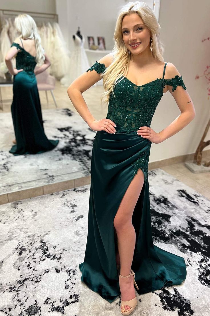 Off the Shoulder Hunter Green Slit Prom Dress with Appliques fg4828