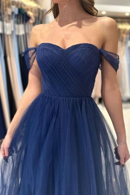 Elegant Long Navy Blue Off-the-shoulder A-line Sleeveless Prom Dresses fg4312