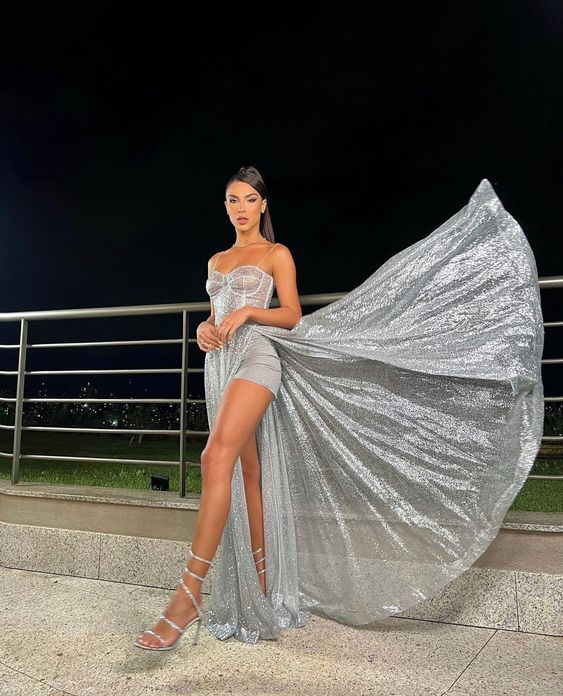 Silver tulle long prom dress, evening dress fg3283