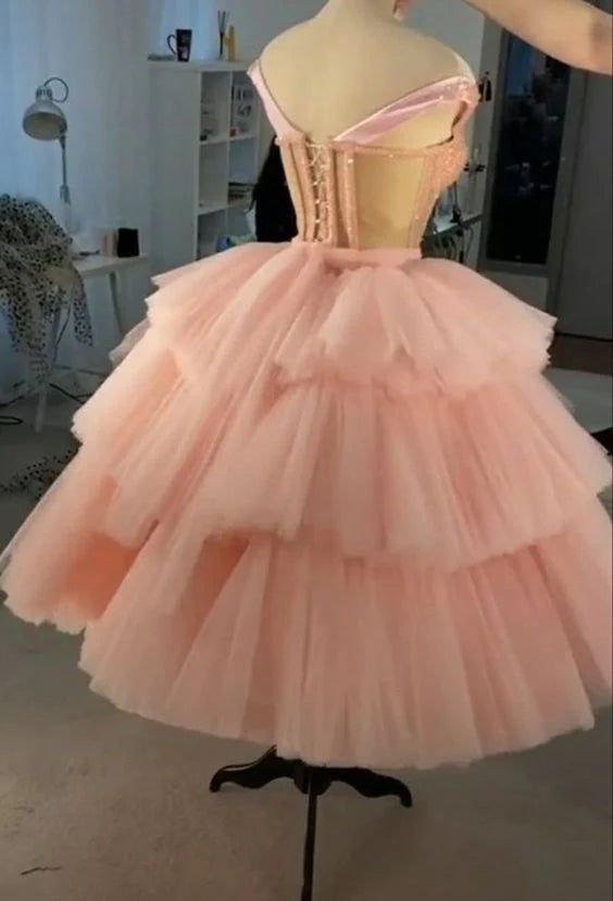 Off the Shoulder Tiered Pink Homecoming Dress cg22159
