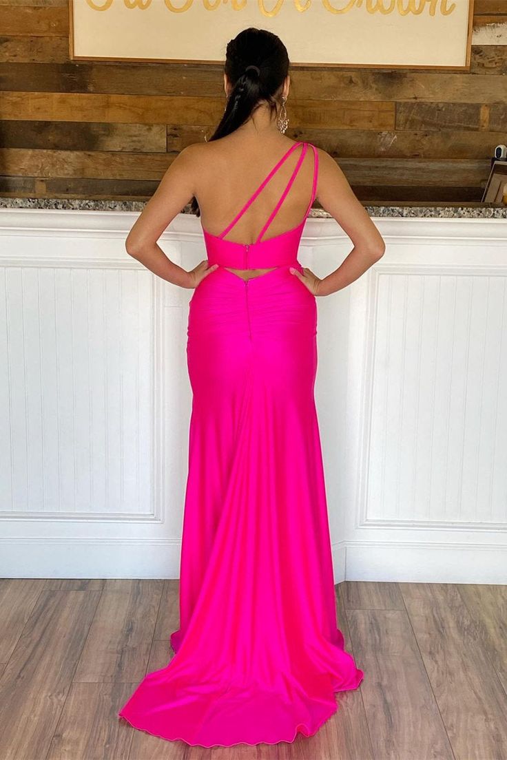 Hot Pink One Shoulder Satin Formal Dress with Slit fg3242