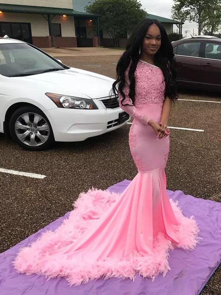 One Shoulder Pink Long Prom Dresses Lace Appliques Beaded cg7943