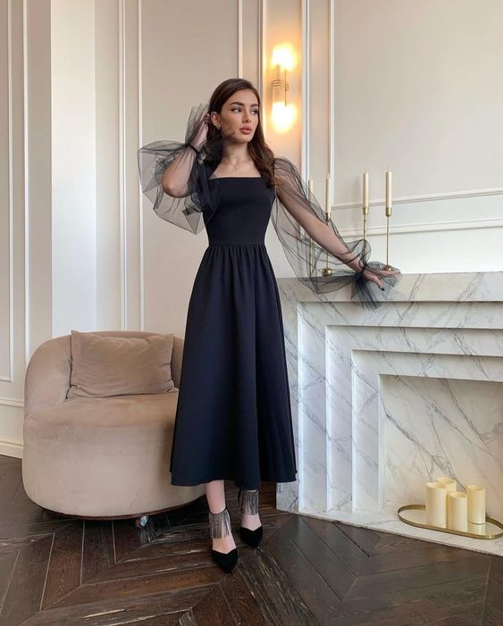 Elegant A-Line Long Sleeves Evening Dress Black Simple Square Collar Party Gowns fg3555