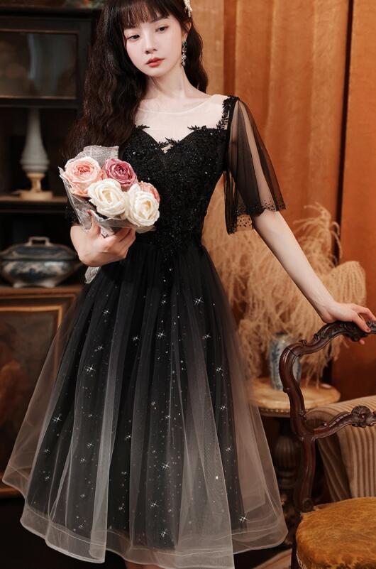 Black Short Sleeves Gradient Tulle And Lace Party Dress, Lovely Black Formal Dresses Bridesmaid Dress fg3699