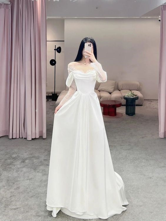 Stunning Lace Long Sleeves Wedding Dresses Off The Shoulder A Line Bridal Gowns fg4075