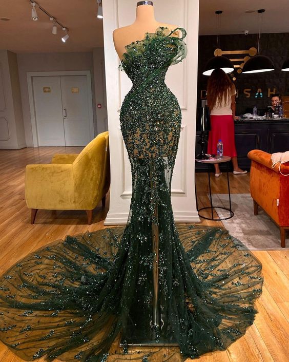 Long Train Strapless Green Party Dresses Arabic Mermaid Formal Evening Gowns For Women fg4158