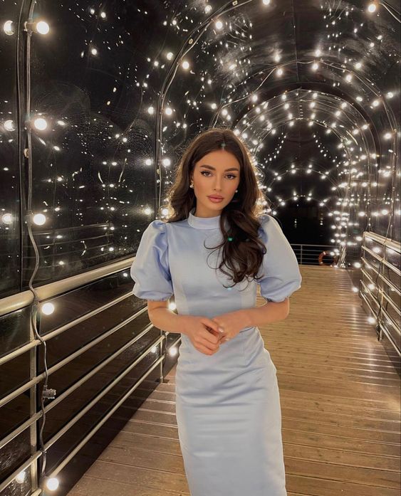 Cute Blue Prom Dresses Short Sleeves Long Dress fg4321