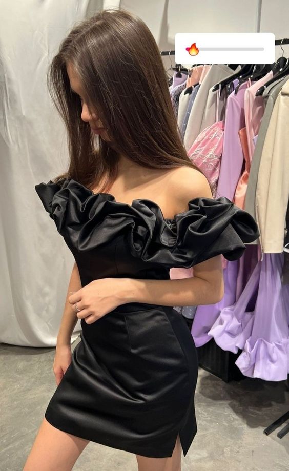 Black Satin Ruffle Bodycon Dress Homecoming Gown fg3700