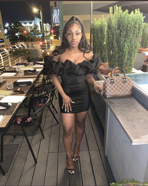 18th Birthday Outfit Black Girl Party Dress Ruffle Neck Black Party Dress fg3587