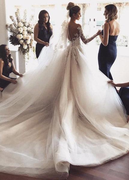 Illusion Jewel Neck Long Sleeves Sweep Wedding Dress With Appliques fg3464