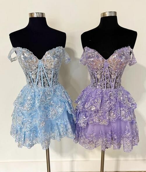 Off the Shoulder Lace Homecoming Dress, Short Prom Dress fg3453