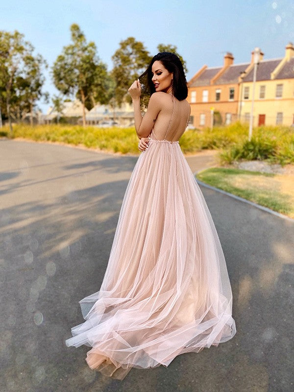 A-Line/Princess Tulle V-neck Hand-Made Flower Sleeveless Sweep/Brush Train Dresses Prom Dress cg20737
