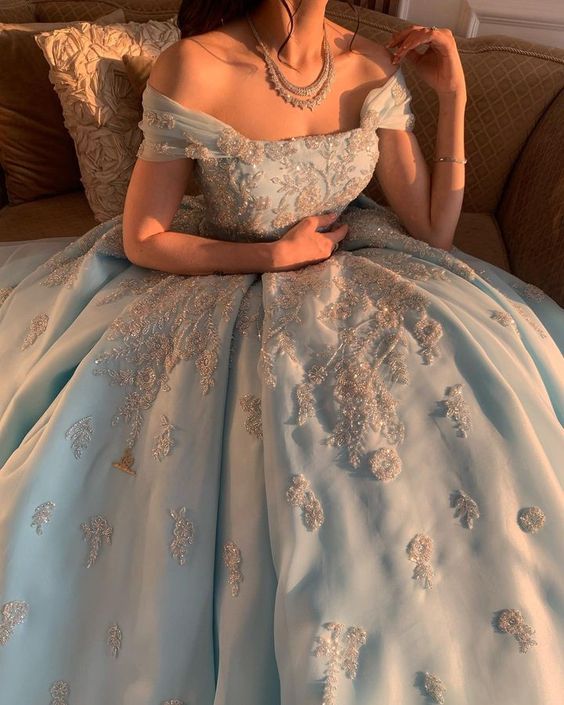 Light Blue Off The Shoulder Long Prom Dress Ball Gown fg3771