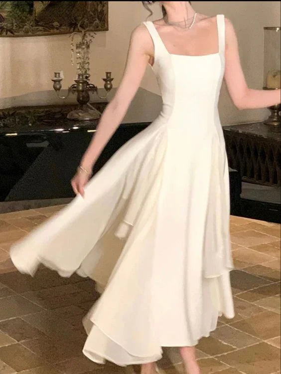 White solid color fashion elegant A-line square neck ball gown ankle length long chiffon evening gown party dress gh2737 gh2737