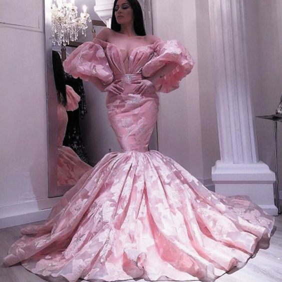 pink evening dresses long luxury embroidery appliqué mermaid flare sleeve elegant evening gown for women fg4091