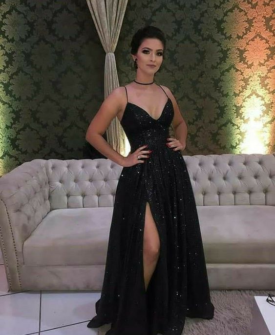 Black A line Prom Dresses Long Side Slit Spaghetti Strap Sexy Shinny Formal Evening Dress fg4227