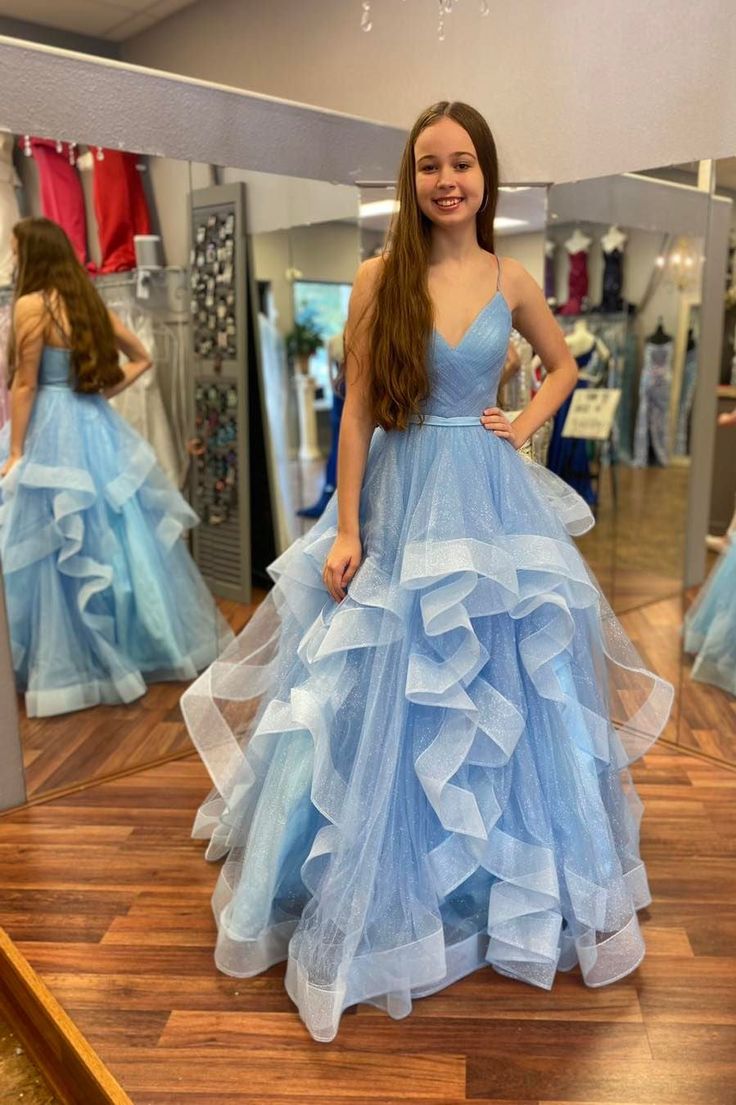 Blue Tulle Multi-Tiered A-Line Prom Gown fg4144