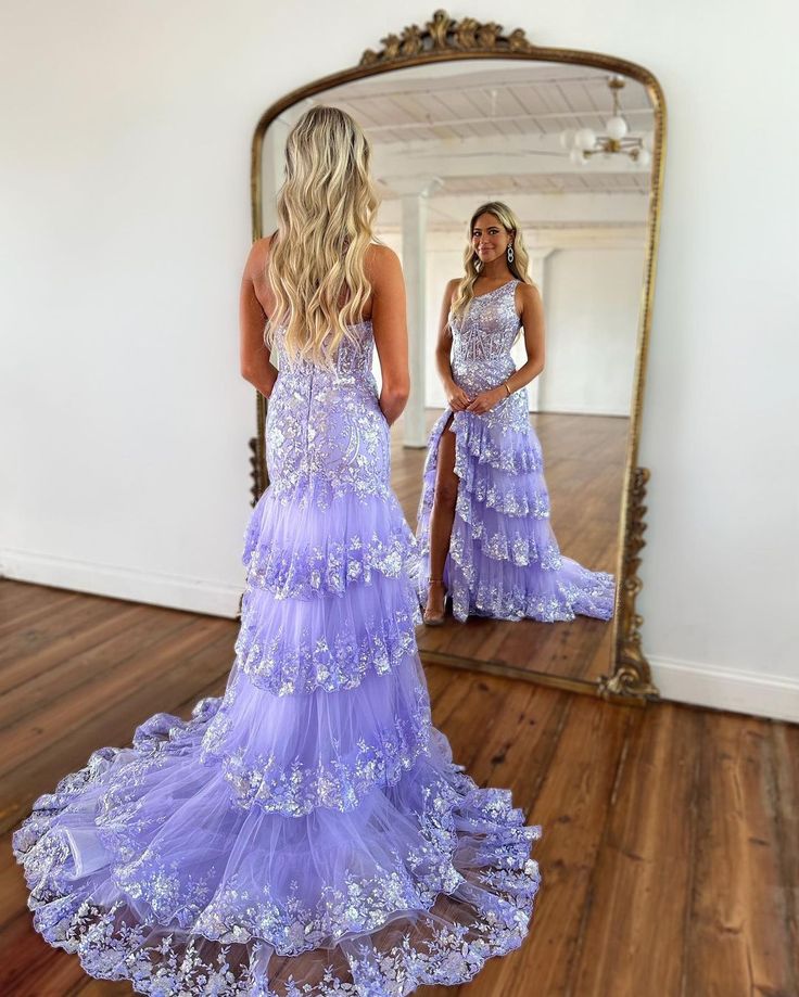Cute A Line One Shoulder Lavender Tulle Long Prom Dresses with Sparkly Appliques fg3967