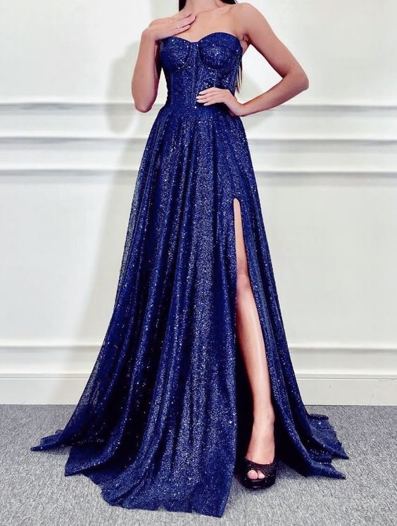 Blue Long Party Dress , Strapless Evening Gown fg3289