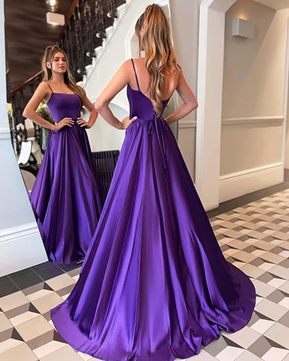 A-line Satin Scoop Neck Long Prom Dress Straps Formal Dress fg4066