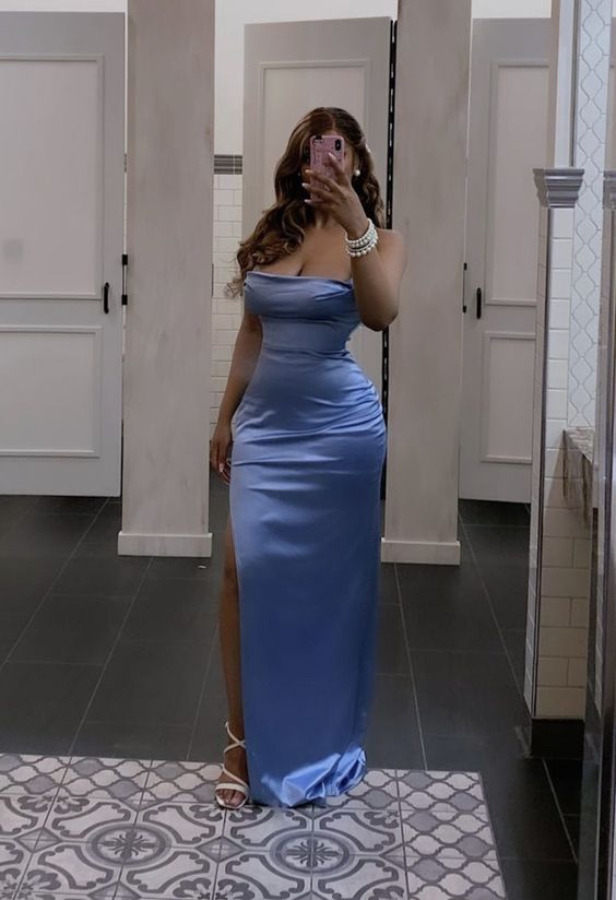 Blue Mermaid Long Prom Dress Charming Evening Dress With Side Slit fg3866