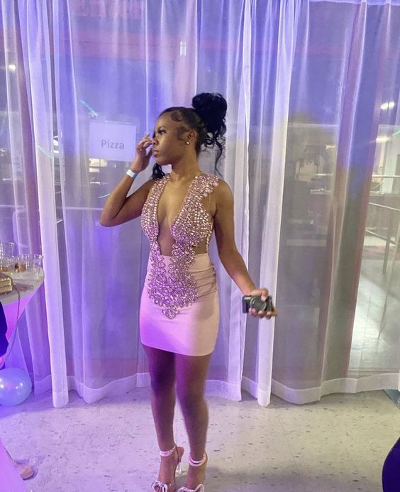 Pink Beaded Short Prom Dress, Homecoming Dress fg3910