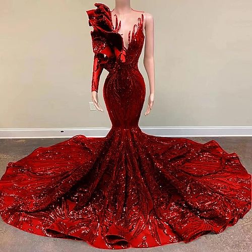 Mermaid / Trumpet Evening Gown Elegant Dress Engagement Court Train Long Sleeve One Shoulder Prom Dresses fg3489