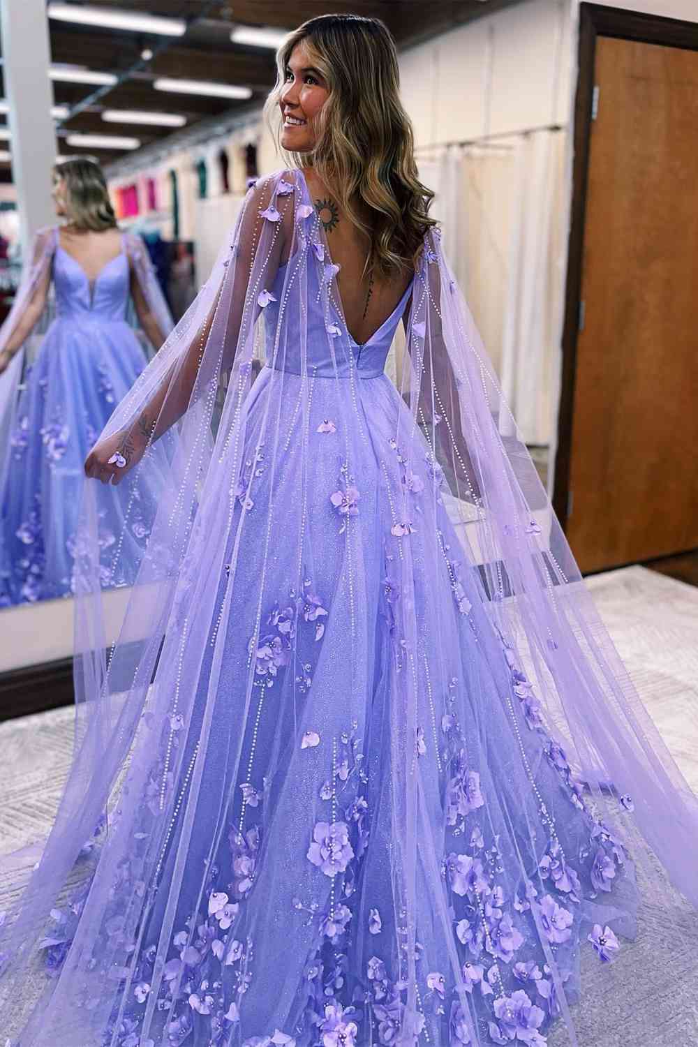Princess Lavender 3D Flowers Tulle Formal Dress with Cape fg3294