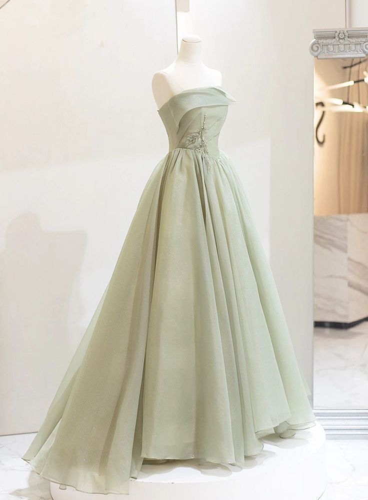 A-line Sage Green Tulle Long Prom Dress Strapless Formal Dress fg4067