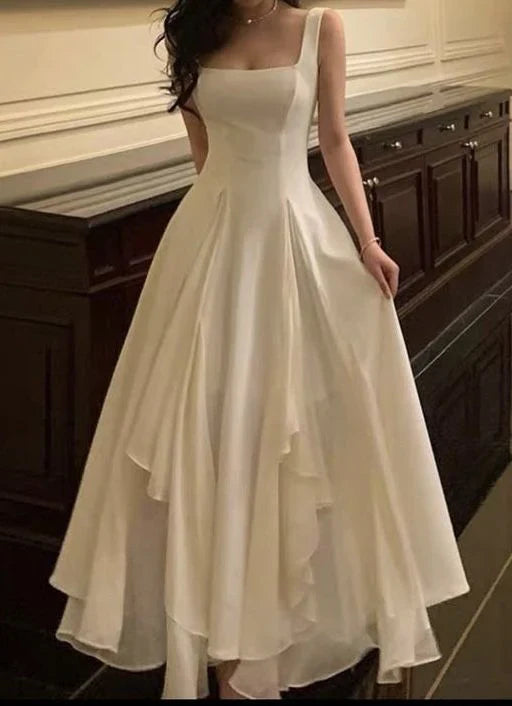 White solid color fashion elegant A-line square neck ball gown ankle length long chiffon evening gown party dress gh2737 gh2737