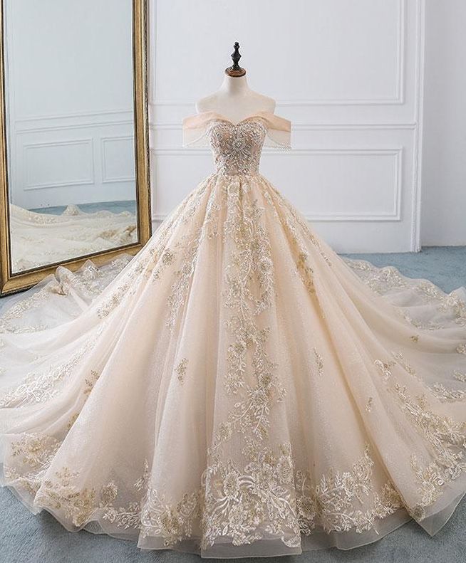 Champagne off shoulder tulle lace long wedding dress, wedding gown Prom Dresses cg16350