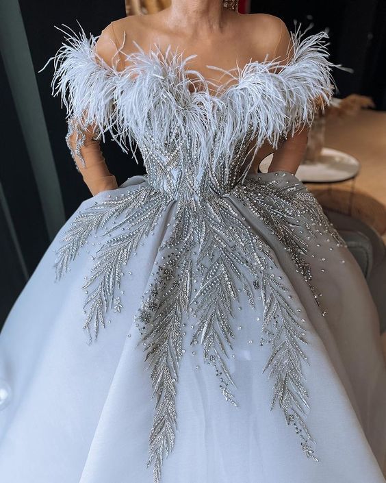 White Off The Shoulder Sexy Long Prom Dress with feather fg3769