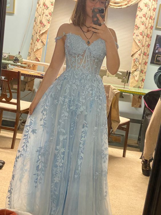 A line Blue Tulle Lace Prom Dress fg4186