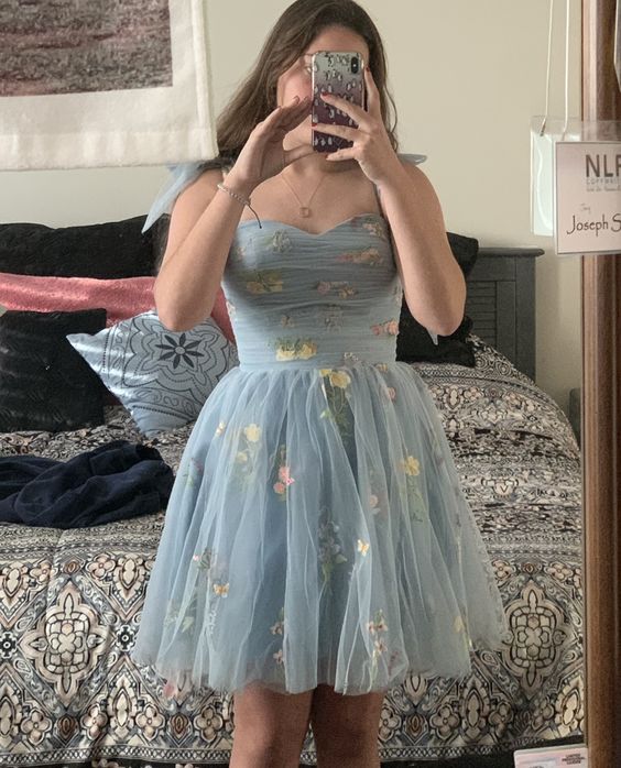 Tulle Flower Embroidery Short Homecoming Dresses Pleated Sleeveless A Line for Juniors Mini Prom Dress fg4342