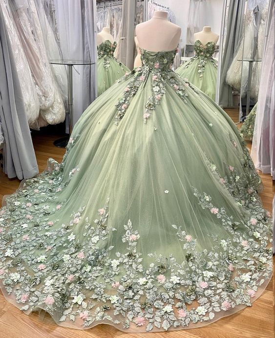 Green Ball Gown tulle long prom dress, evening dress fg3282