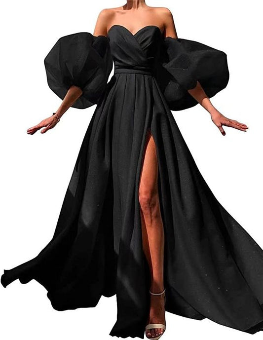 Women__ Puffy Sleeves Prom Dresses with Slit Glitter Romantic Fairy Long Evening Gowns    cg24945