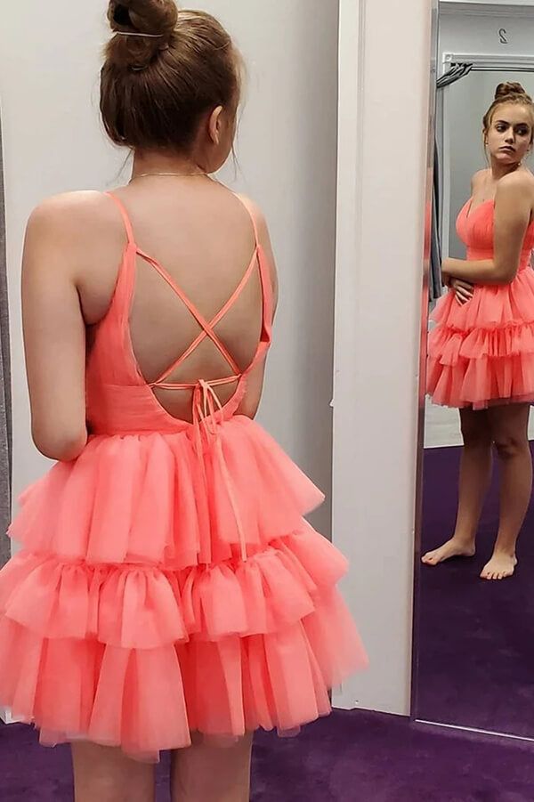 Coral A-line Soft Tulle Backless Homecoming Dresses, Short Prom Dresses fg3417